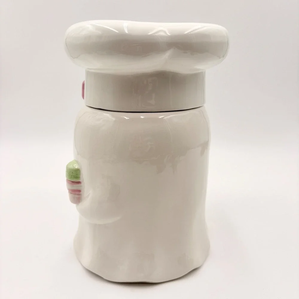 Dabney Lee Ghost Baker Ceramic Utensil Holder Cookie Jar Pink Bow Macarons NEW